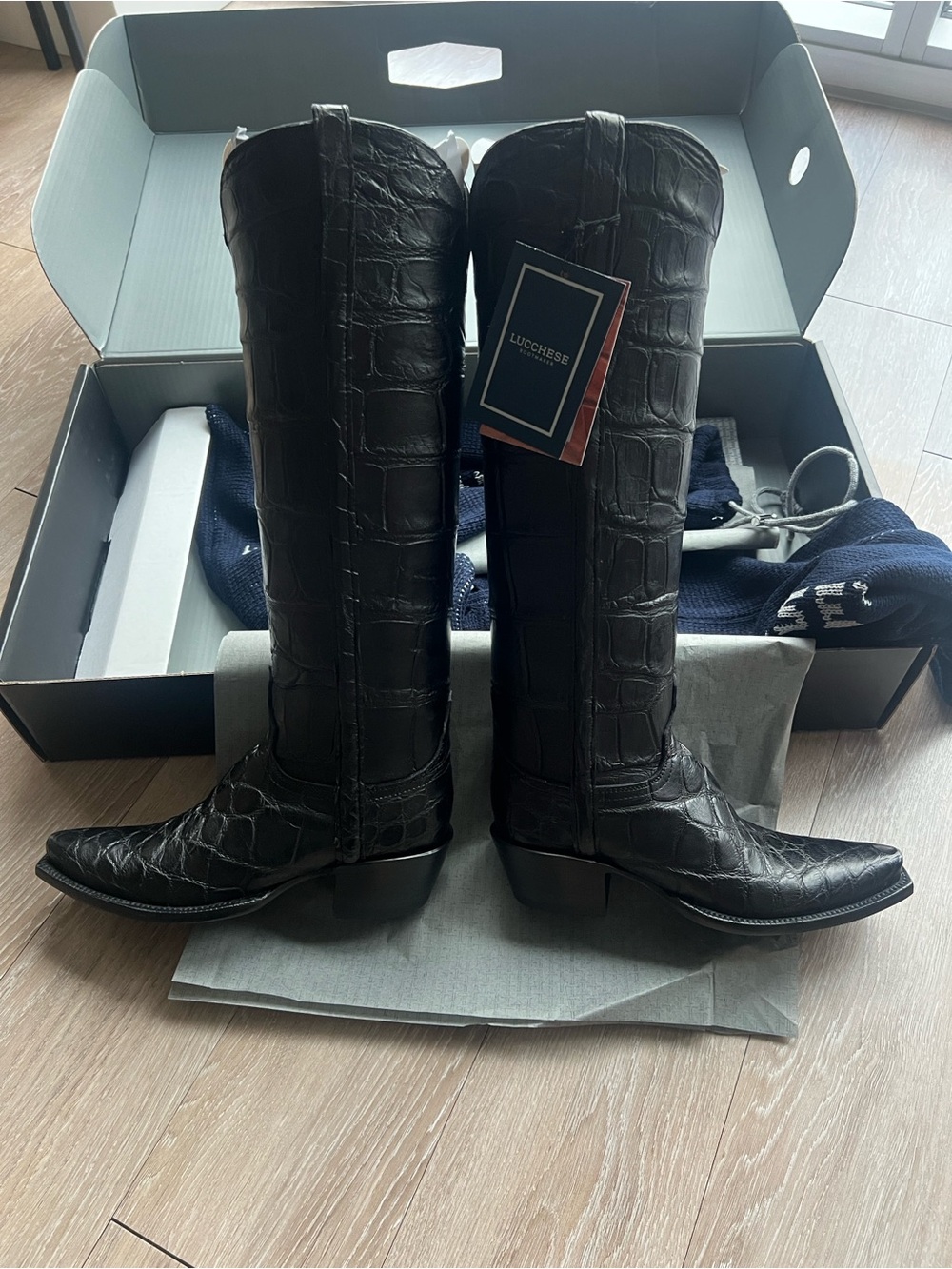 Lucchese Black Croc-Embossed Leather Tall Western Boots